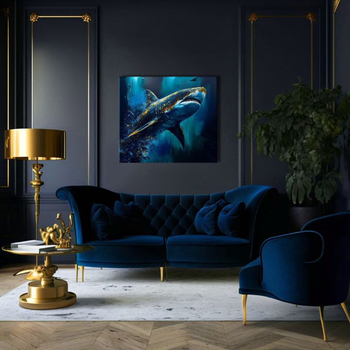 În stil boho tablou pe pânză cu motivul PREMIUM ART - Shark Force in Dark Water, ocean, mare și plajă în albastru-auriu nuanțe, atmosferă maiestuoasă – produs, vedere 2