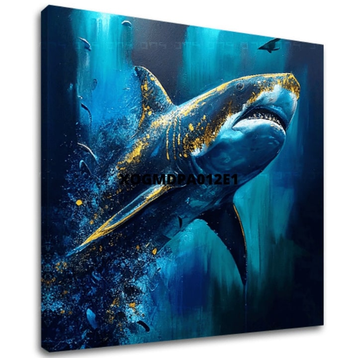 În stil boho tablou pe pânză cu motivul PREMIUM ART - Shark Force in Dark Water, ocean, mare și plajă în albastru-auriu nuanțe, atmosferă maiestuoasă – principală