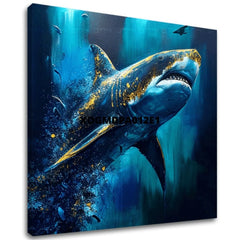În stil boho tablou pe pânză cu motivul PREMIUM ART - Shark Force in Dark Water, ocean, mare și plajă în albastru-auriu nuanțe, atmosferă maiestuoasă – principală