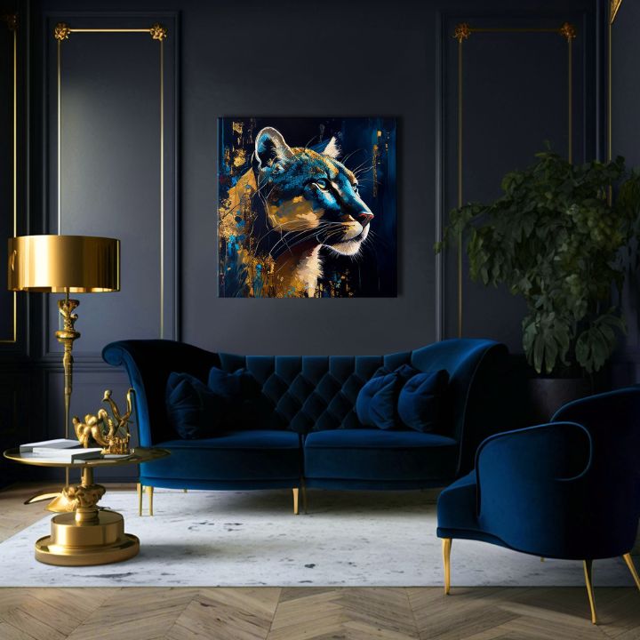 Art deco tablou pe pânză cu motivul PREMIUM ART - Silent Puma's Gaze, peisaj, natură în albastru-auriu nuanțe, atmosferă maiestuoasă, potrivit pentru birou de lucru – produs, vedere 2