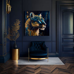 Art deco tablou pe pânză cu motivul PREMIUM ART - Silent Puma's Gaze, peisaj, natură în albastru-auriu nuanțe, atmosferă maiestuoasă, potrivit pentru birou de lucru – produs