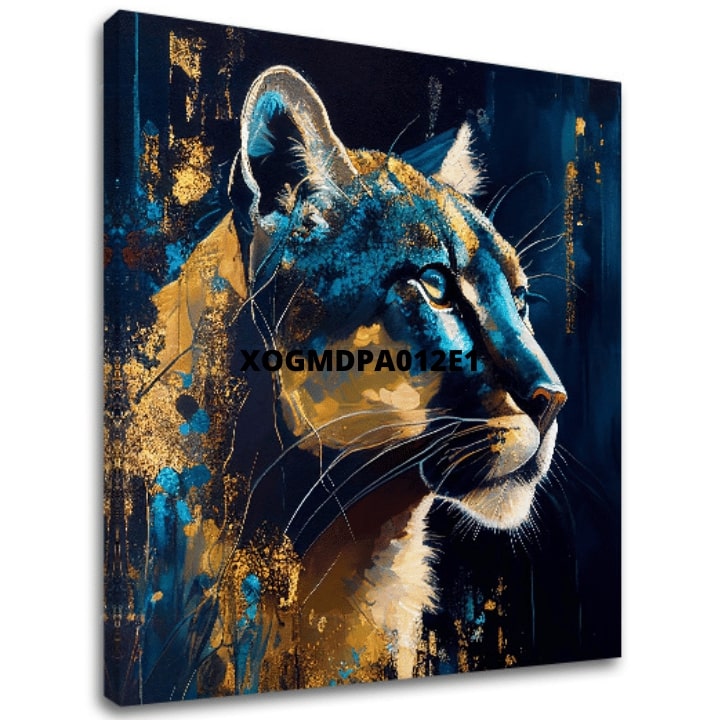 Art deco tablou pe pânză cu motivul PREMIUM ART - Silent Puma's Gaze, peisaj, natură în albastru-auriu nuanțe, atmosferă maiestuoasă, potrivit pentru birou de lucru – principală
