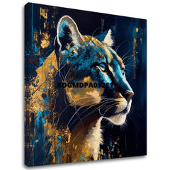 Art deco tablou pe pânză cu motivul PREMIUM ART - Silent Puma's Gaze, peisaj, natură în albastru-auriu nuanțe, atmosferă maiestuoasă, potrivit pentru birou de lucru – principală