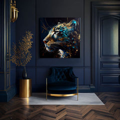 Pop art tablou pe pânză cu motivul PREMIUM ART - Spotted Hunter's Elegance în albastru-auriu nuanțe, atmosferă maiestuoasă, impresie de lux și forță – produs, vedere 2
