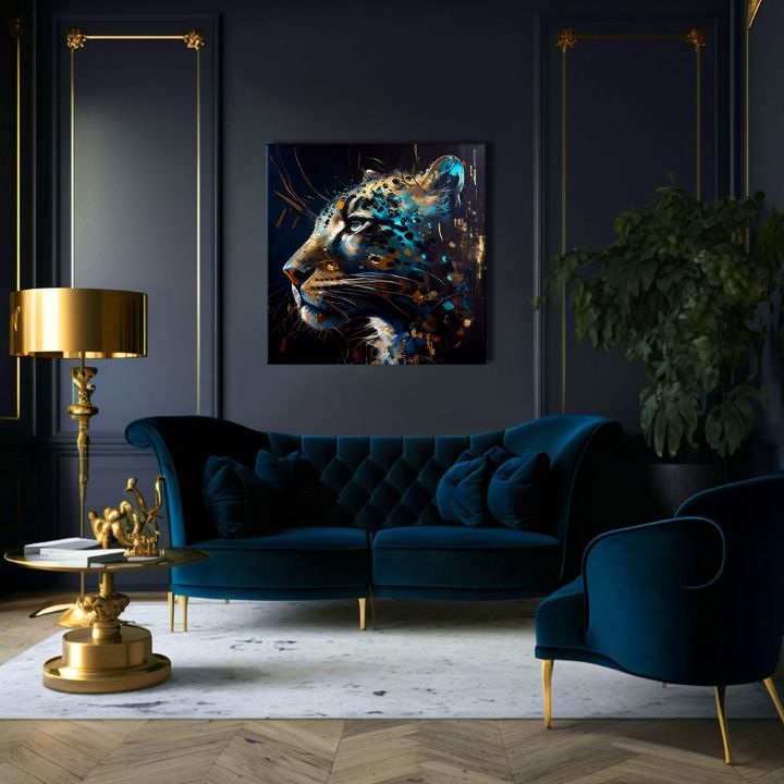 Pop art tablou pe pânză cu motivul PREMIUM ART - Spotted Hunter's Elegance în albastru-auriu nuanțe, atmosferă maiestuoasă, impresie de lux și forță – produs, vedere 3