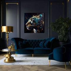 Pop art tablou pe pânză cu motivul PREMIUM ART - Spotted Hunter's Elegance în albastru-auriu nuanțe, atmosferă maiestuoasă, impresie de lux și forță – produs, vedere 3