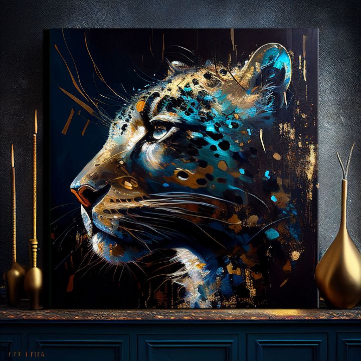Pop art tablou pe pânză cu motivul PREMIUM ART - Spotted Hunter's Elegance în albastru-auriu nuanțe, atmosferă maiestuoasă, impresie de lux și forță – produs