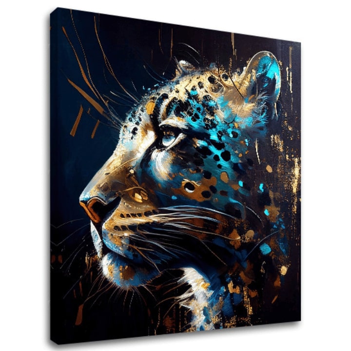 Pop art tablou pe pânză cu motivul PREMIUM ART - Spotted Hunter's Elegance în albastru-auriu nuanțe, atmosferă maiestuoasă, impresie de lux și forță – principală
