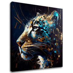 Pop art tablou pe pânză cu motivul PREMIUM ART - Spotted Hunter's Elegance în albastru-auriu nuanțe, atmosferă maiestuoasă, impresie de lux și forță – principală