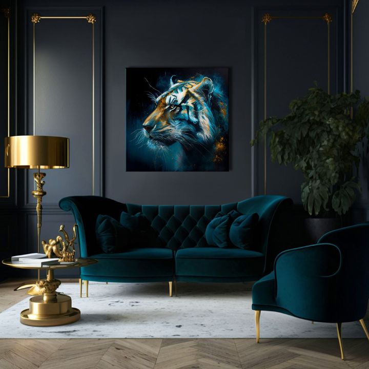 Art deco tablou pe pânză cu motivul PREMIUM ART - Tiger's Mighty Spirit, tigru în albastru-portocaliu nuanțe, atmosferă intensă, potrivit pentru birou – produs, vedere 3