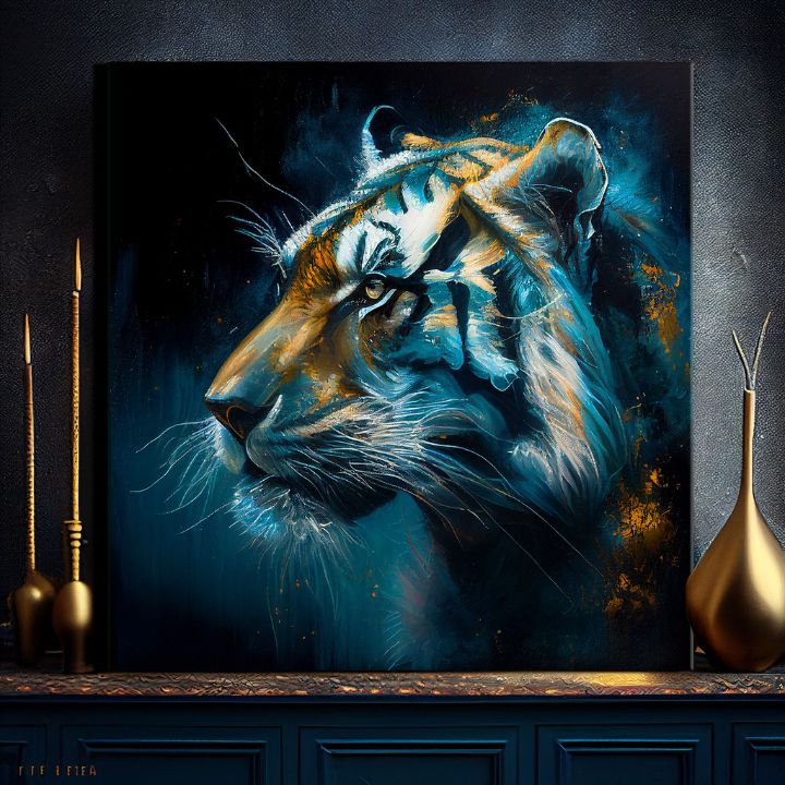 Art deco tablou pe pânză cu motivul PREMIUM ART - Tiger's Mighty Spirit, tigru în albastru-portocaliu nuanțe, atmosferă intensă, potrivit pentru birou – produs