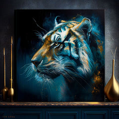 Art deco tablou pe pânză cu motivul PREMIUM ART - Tiger's Mighty Spirit, tigru în albastru-portocaliu nuanțe, atmosferă intensă, potrivit pentru birou – produs