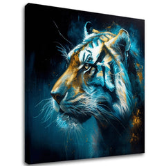 Art deco tablou pe pânză cu motivul PREMIUM ART - Tiger's Mighty Spirit, tigru în albastru-portocaliu nuanțe, atmosferă intensă, potrivit pentru birou – principală