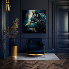 Art deco tablou pe pânză cu motivul PREMIUM ART - Wilderness in Wolf Eyes, vlk în albastru-auriu nuanțe, atmosferă intensă, potrivit pentru birou de lucru – produs, vedere 2