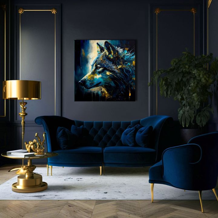 Art deco tablou pe pânză cu motivul PREMIUM ART - Wilderness in Wolf Eyes, vlk în albastru-auriu nuanțe, atmosferă intensă, potrivit pentru birou de lucru – produs, vedere 3