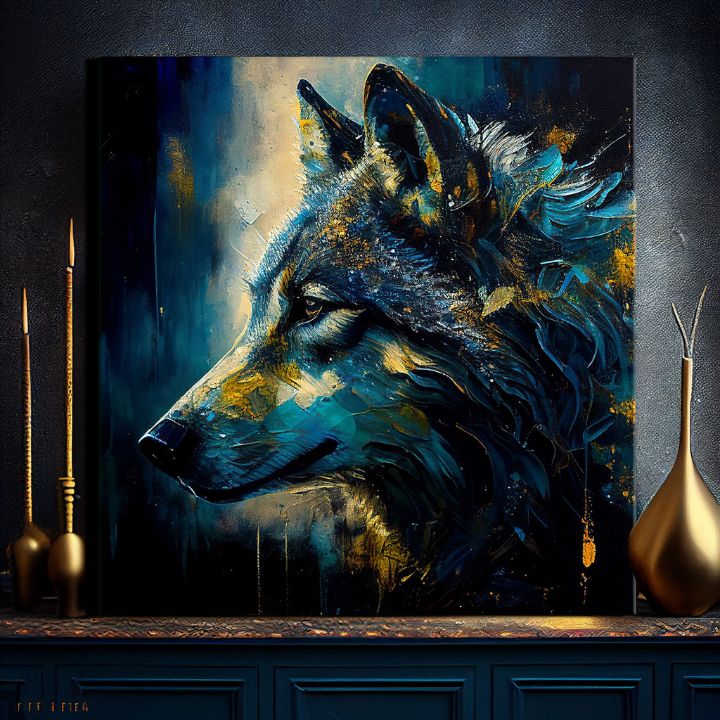 Art deco tablou pe pânză cu motivul PREMIUM ART - Wilderness in Wolf Eyes, vlk în albastru-auriu nuanțe, atmosferă intensă, potrivit pentru birou de lucru – produs