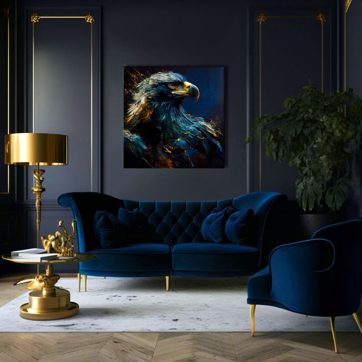 Art deco tablou pe pânză cu motivul PREMIUM ART - Wilderness's Fearless Hunter, orol în albastru-auriu nuanțe, atmosferă maiestuoasă, potrivit pentru birou – produs, vedere 2