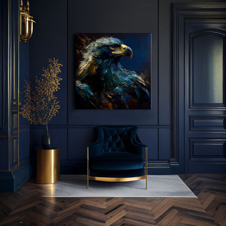 Art deco tablou pe pânză cu motivul PREMIUM ART - Wilderness's Fearless Hunter, orol în albastru-auriu nuanțe, atmosferă maiestuoasă, potrivit pentru birou – produs