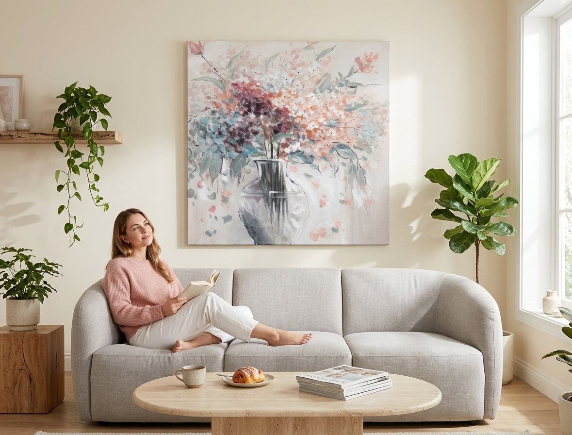 Pictură manuală pe pânză cu motiv floral, în culori vii, integrată armonios într-un living modern, aducând un accent de culoare. Dimensiune 80x80 cm.