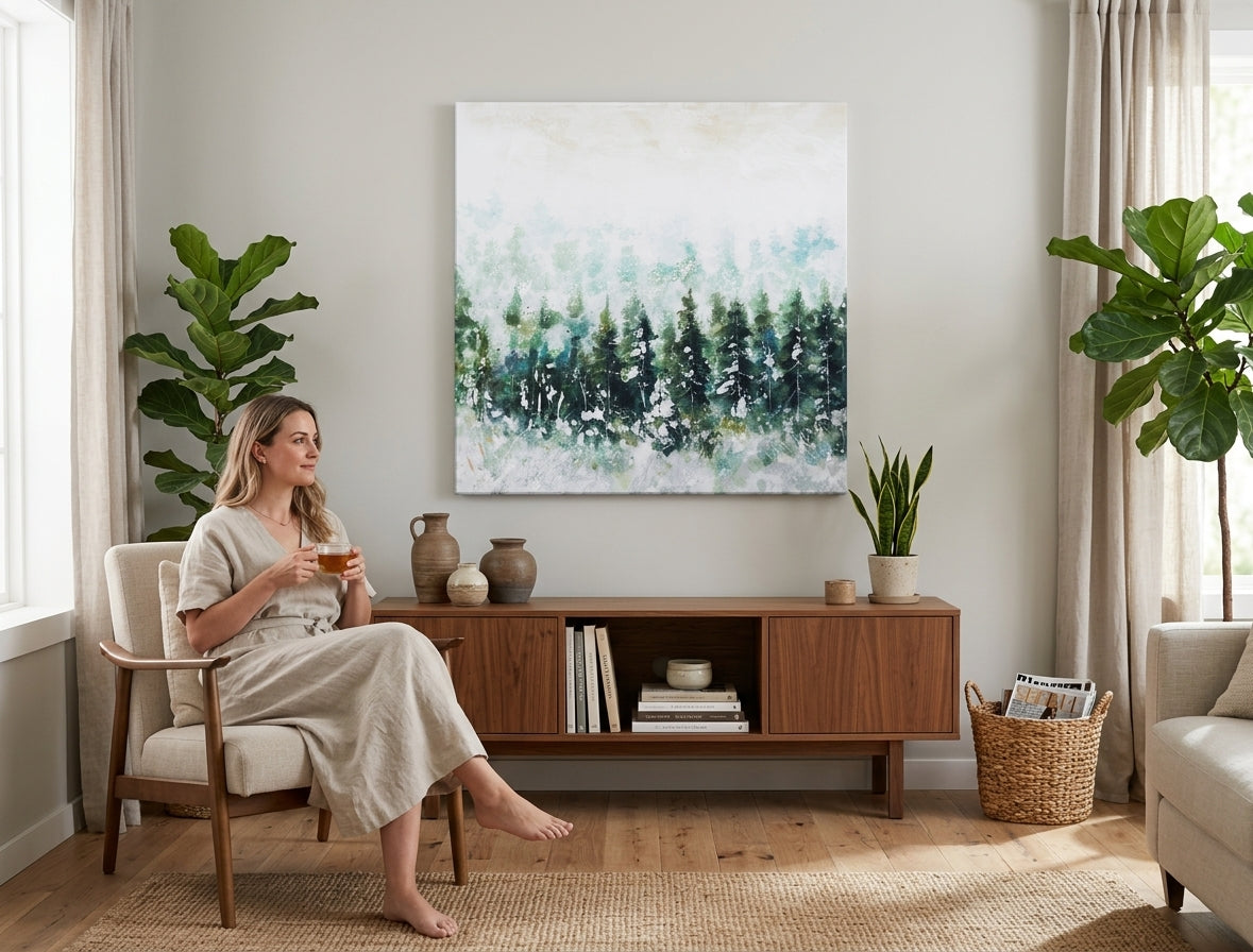 În stil boho tablou pe pânză cu motivul LES, zăpadă, ceață ușoară, peisaj, natură în alb-bej nuanțe agățat în interiorul sufragerie, atmosferă liniștită – interior