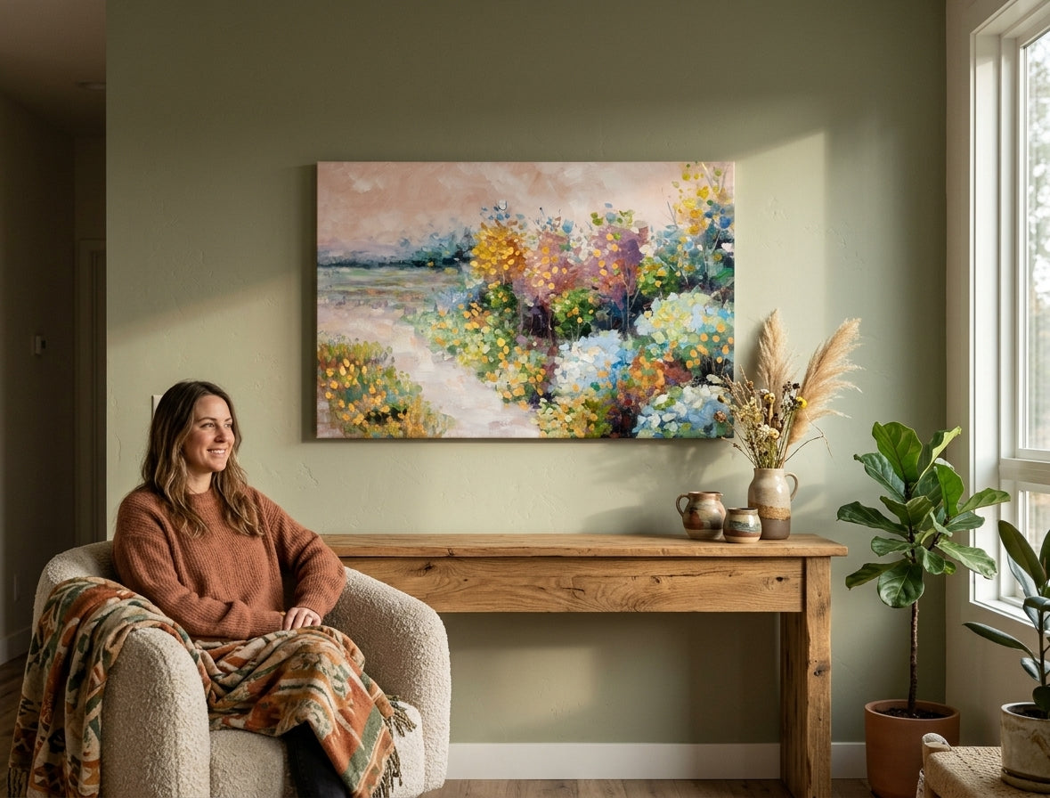Tabloul cu peisajul floral abstract, plin de culori vibrante, este agățat într-un interior modern și elegant, deasupra unei console din lemn cu o vază și o lumânare, Papilora.