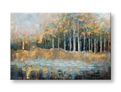 O pictură originală pe pânză, reprezentând o pădure aurie reflectată într-un lac, cu tonuri de albastru și maro, Papilora.