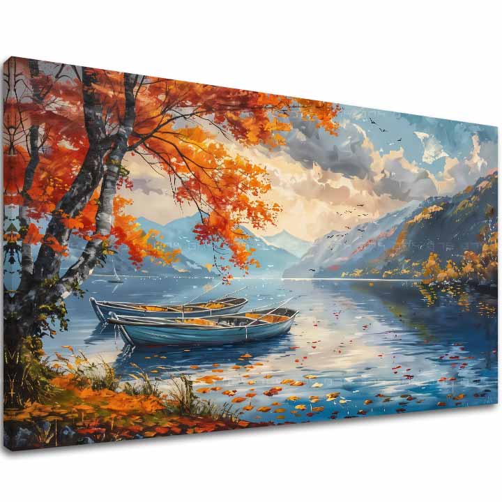 Art deco tablou pe pânză cu motivul Jesenné frunze pri jazere, lac, copaci, munți, cer în albastru-portocaliu nuanțe, atmosferă liniștită, potrivit pentru sufragerie – principală