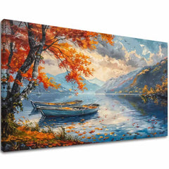 Art deco tablou pe pânză cu motivul Jesenné frunze pri jazere, lac, copaci, munți, cer în albastru-portocaliu nuanțe, atmosferă liniștită, potrivit pentru sufragerie – principală