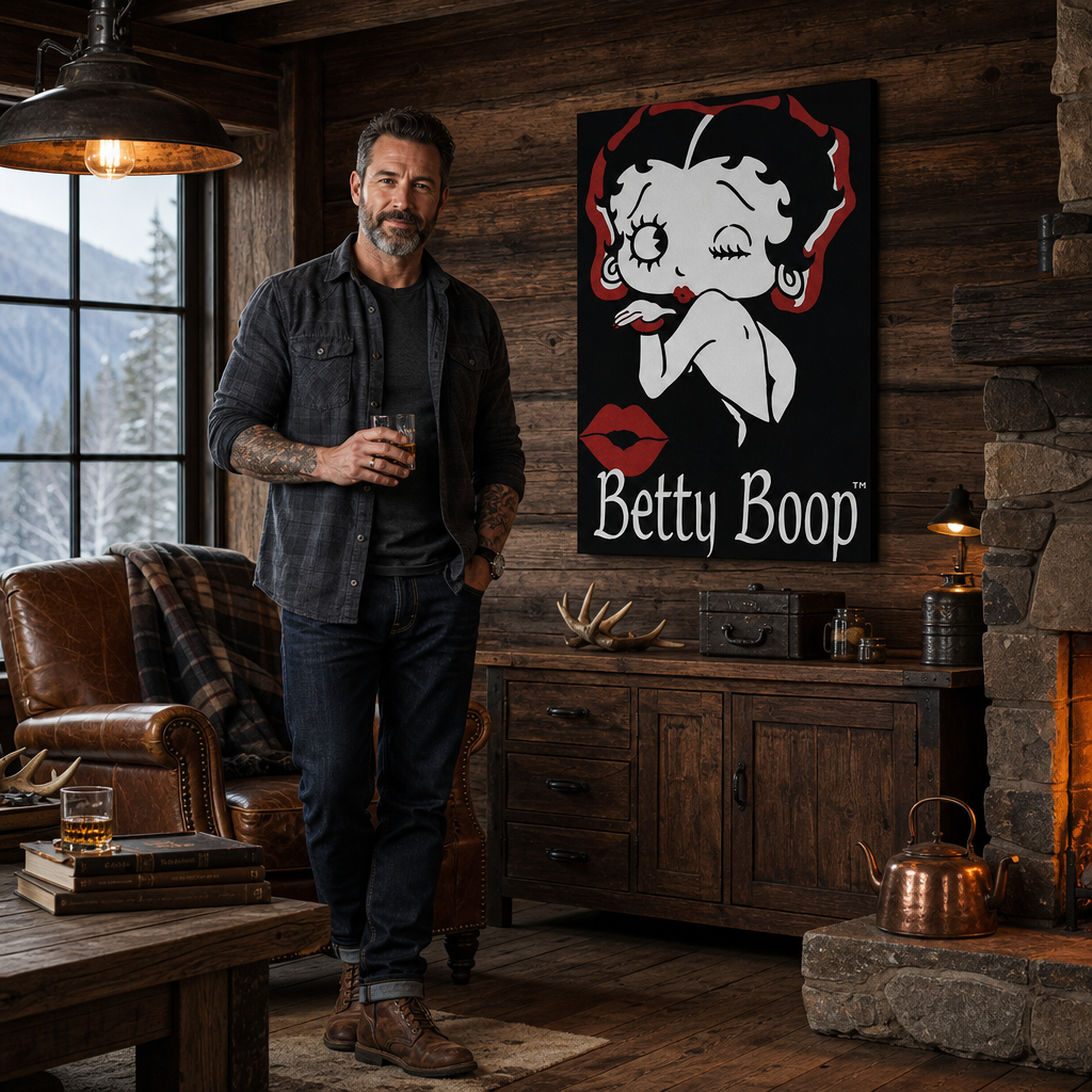 Tablou pictat manual POP Art Betty Boop 1 buc bb – tablou într-un interior modern masculin, vizualizare lifestyle. Culori dominante: negru, roșu, alb.