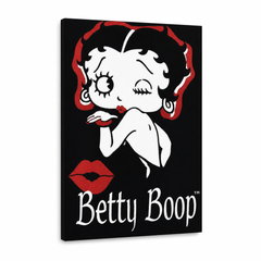 Tablou pictat manual POP Art Betty Boop 1 buc bb – Vizualizare 3D a tabloului pictat manual pe fundal alb. Culori dominante: negru, roșu, alb.