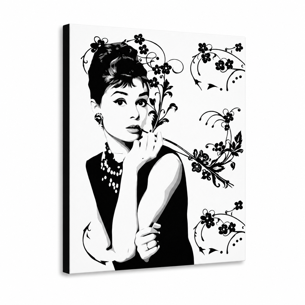 Tablou pictat manual POP Art Discount -15% Audrey Hepburn ah4 – Vizualizare 3D a tabloului pictat manual pe fundal alb. Culori dominante: negru, alb, gri.
