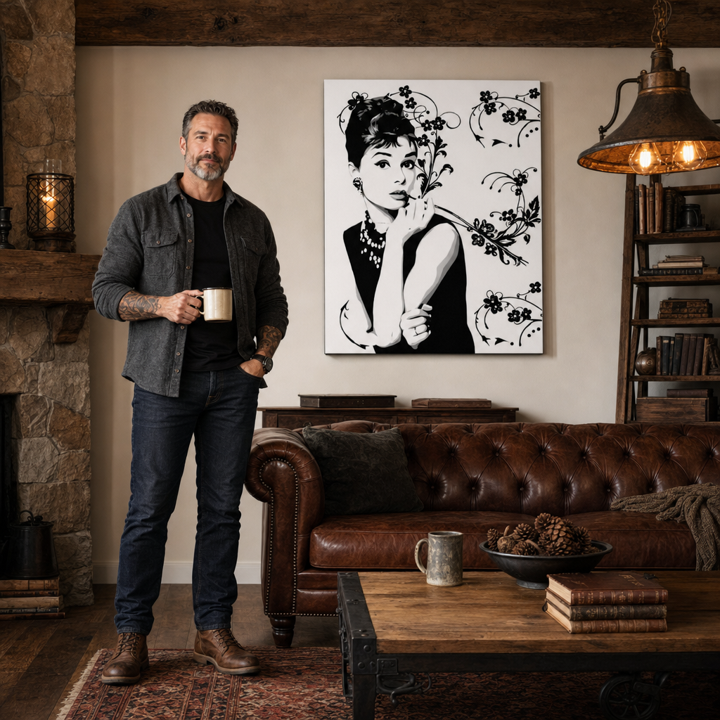 Tablou pictat manual POP Art Discount -15% Audrey Hepburn ah4 – tablou într-un interior modern masculin, vizualizare lifestyle. Culori dominante: negru, alb, gri.