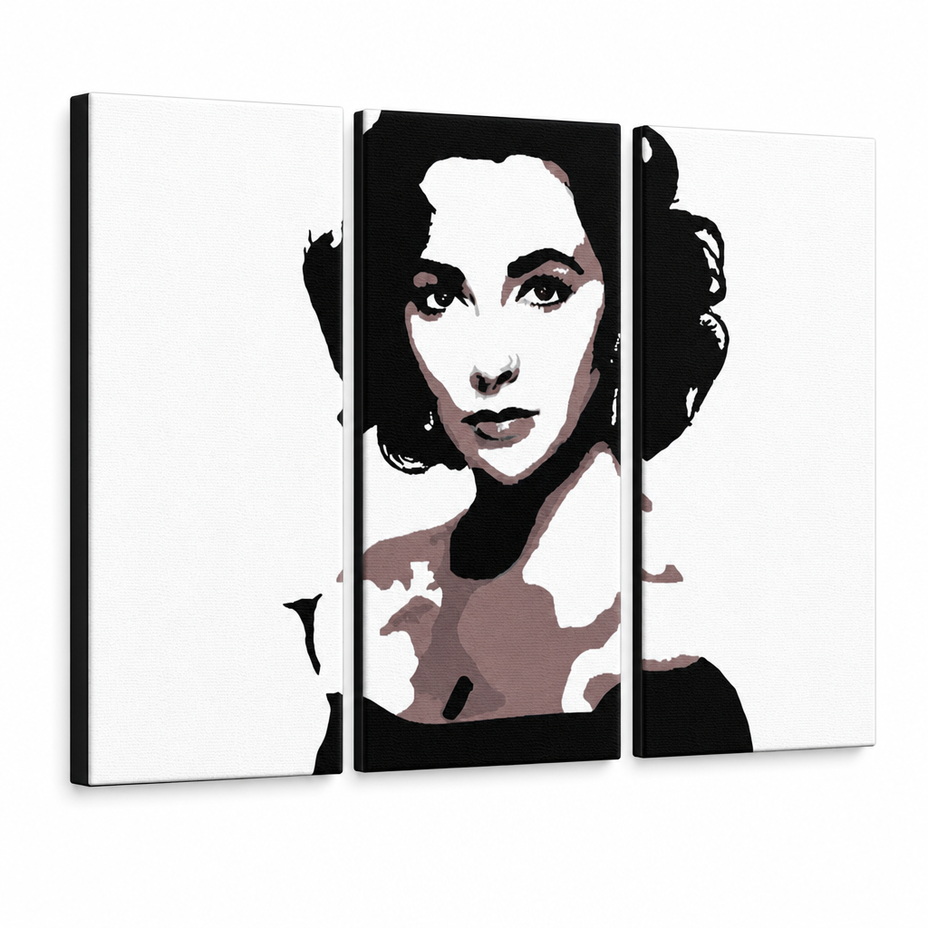Tablou pictat manual POP Art Elizabeth Taylor 3 bucăți et2 – Vizualizare 3D a tabloului pictat manual pe fundal alb. Culori dominante: negru, maro, alb.