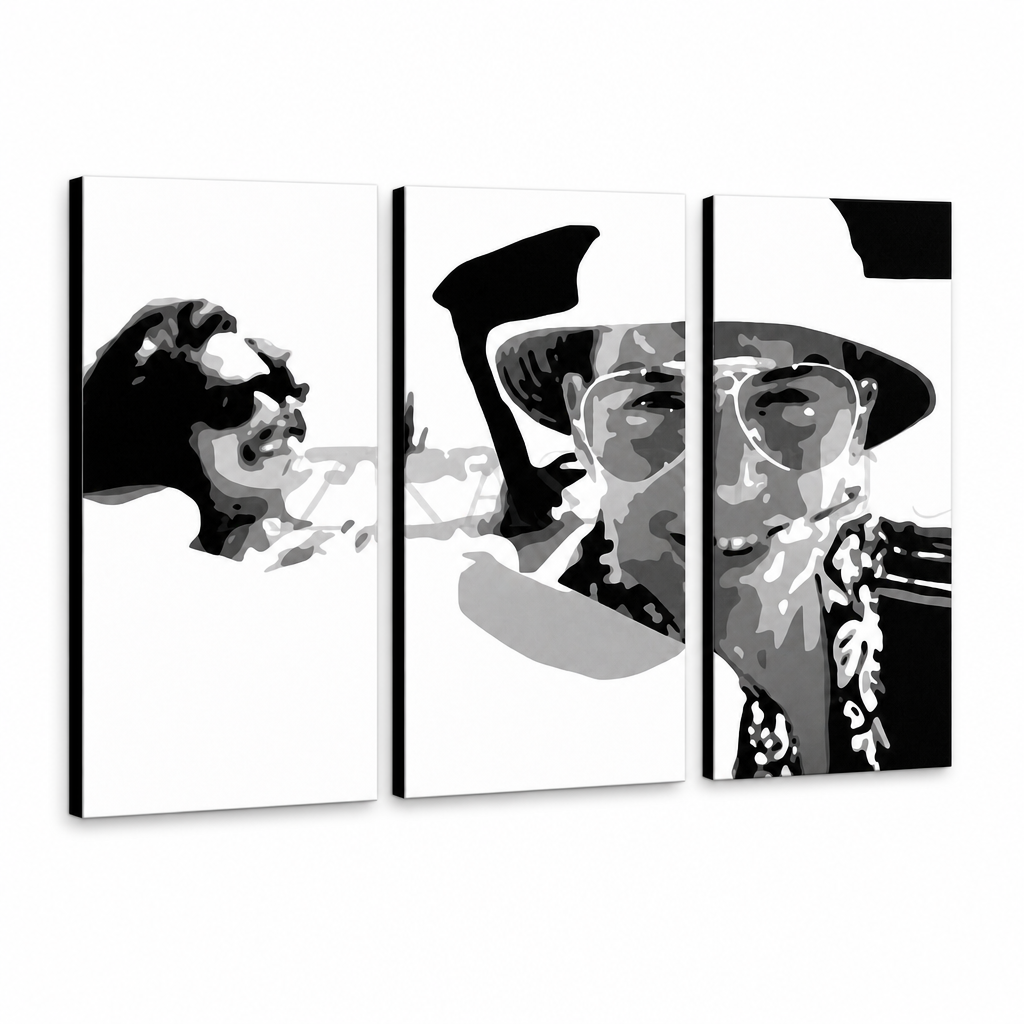 Tablou pictat manual POP Art Fear and Loathing in Las Vegas 3 piese lv – Vizualizare 3D a tabloului pictat manual pe fundal alb. Culori dominante: negru, alb, gri.
