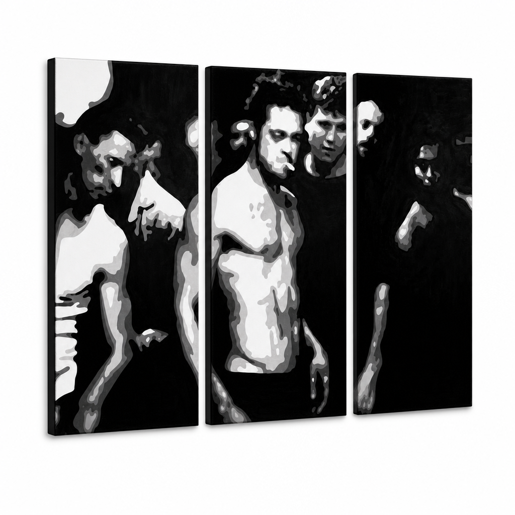 Tablou pictat manual POP Art Fight Club 3 bucăți fc – Vizualizare 3D a tabloului pictat manual pe fundal alb. Culori dominante: negru, alb, gri.