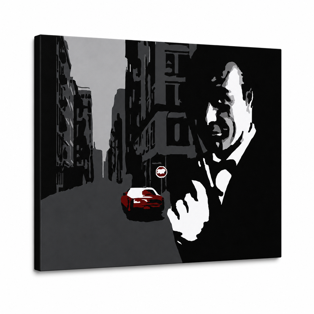 Tablou pictat manual POP Art James Bond 1 parte bond3 – Vizualizare 3D a tabloului pictat manual pe fundal alb. Culori dominante: negru, gri, roșu.