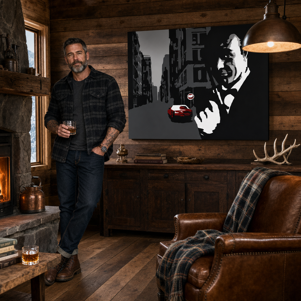 Tablou pictat manual POP Art James Bond 1 parte bond3 – tablou într-un interior modern masculin, vizualizare lifestyle. Culori dominante: negru, gri, roșu.