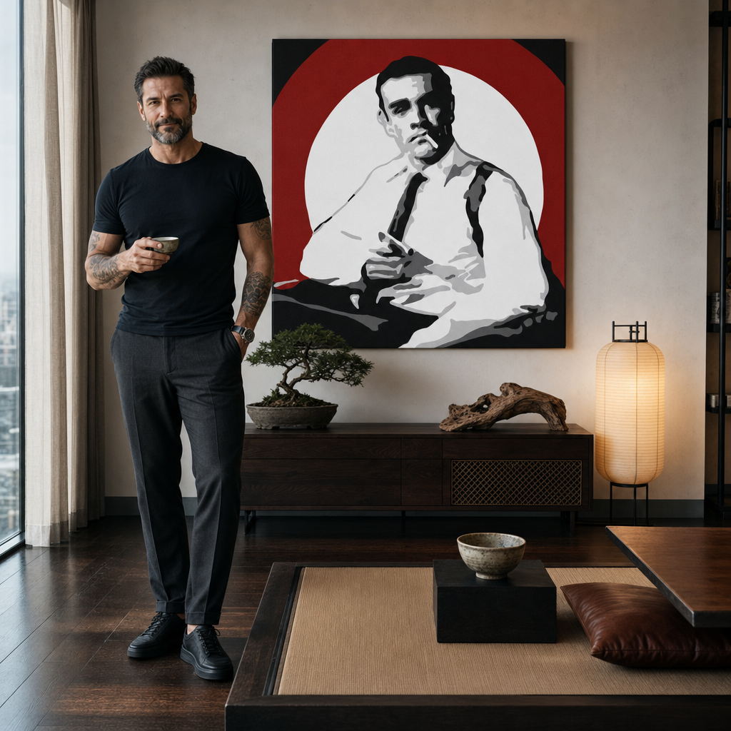 Tablou pictat manual POP Art James Bond 1 parte bond4 – tablou într-un interior modern masculin, vizualizare lifestyle. Culori dominante: negru, alb, roșu.