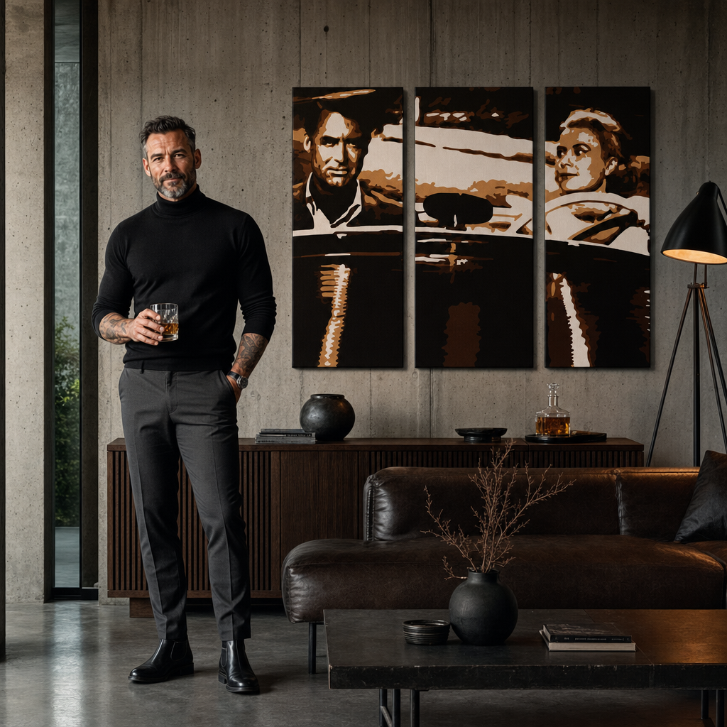 Tablou pictat manual POP Art James Bond 3 bucăți bond1 – tablou într-un interior modern masculin, vizualizare lifestyle. Culori dominante: negru, maro, alb.