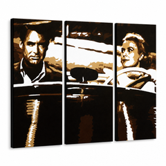 Tablou pictat manual POP Art James Bond 3 bucăți bond1 – Vizualizare 3D a tabloului pictat manual pe fundal alb. Culori dominante: negru, maro, alb.