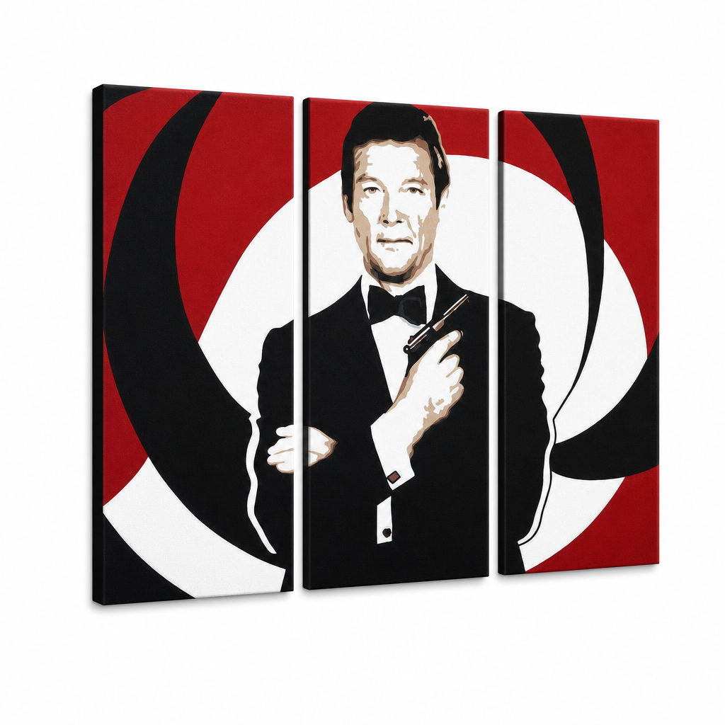 Tablou pictat manual POP Art James Bond 3 piese bond – Vizualizare 3D a tabloului pictat manual pe fundal alb. Culori dominante: negru, roșu, alb.