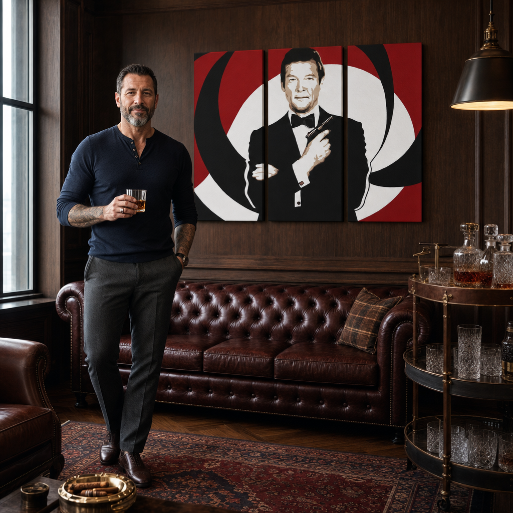 Tablou pictat manual POP Art James Bond 3 piese bond – tablou într-un interior modern masculin, vizualizare lifestyle. Culori dominante: negru, roșu, alb.