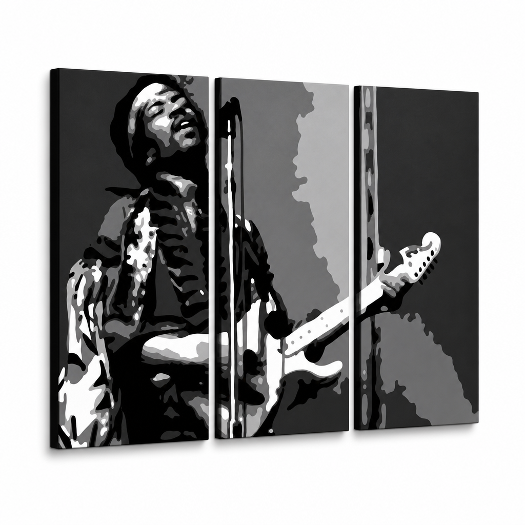 Tablou pictat manual POP Art Jimmy Hendrix 3 bucăți jh – Vizualizare 3D a tabloului pictat manual pe fundal alb. Culori dominante: negru, alb, gri.