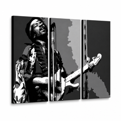 Tablou pictat manual POP Art Jimmy Hendrix 3 bucăți jh – Vizualizare 3D a tabloului pictat manual pe fundal alb. Culori dominante: negru, alb, gri.