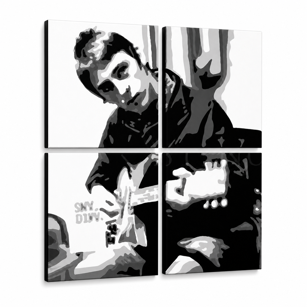 Tablou pictat manual POP Art Paul Weller 4 piese pwl – Vizualizare 3D a tabloului pictat manual pe fundal alb. Culori dominante: negru, alb, gri.