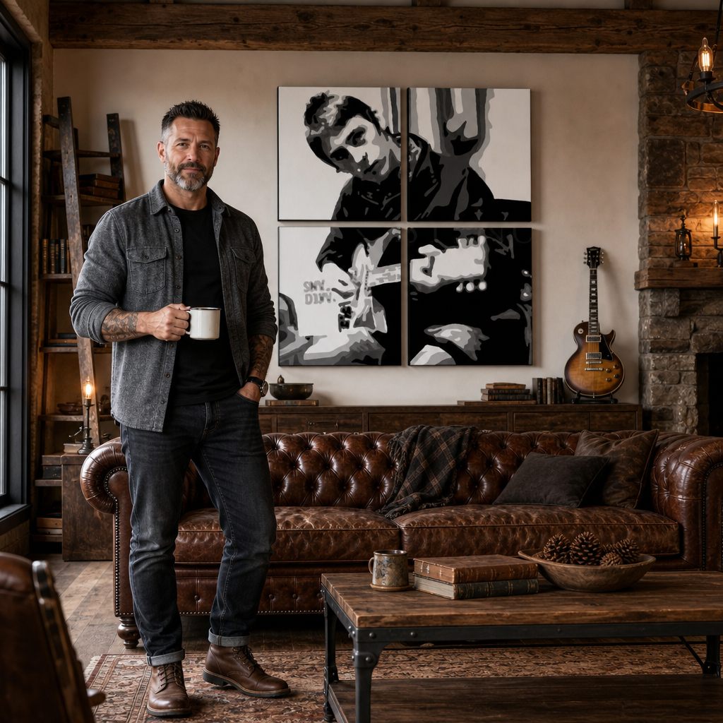 Tablou pictat manual POP Art Paul Weller 4 piese pwl – tablou într-un interior modern masculin, vizualizare lifestyle. Culori dominante: negru, alb, gri.