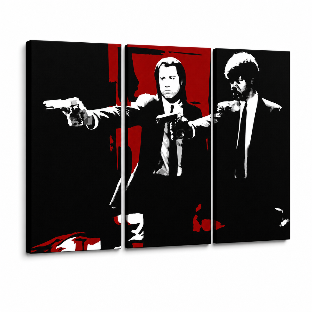 Tablou pictat manual POP Art Pulp Fiction 3 bucăți pulp5 – Vizualizare 3D a tabloului pictat manual pe fundal alb. Culori dominante: negru, roșu, alb.