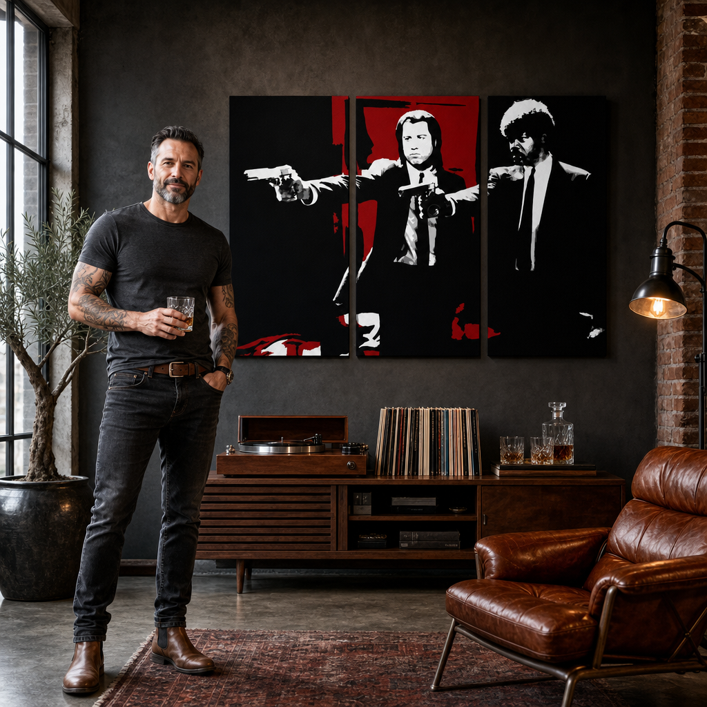 Tablou pictat manual POP Art Pulp Fiction 3 bucăți pulp5 – tablou într-un interior modern masculin, vizualizare lifestyle. Culori dominante: negru, roșu, alb.