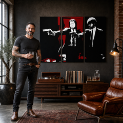 Tablou pictat manual POP Art Pulp Fiction 3 bucăți pulp5 – tablou într-un interior modern masculin, vizualizare lifestyle. Culori dominante: negru, roșu, alb.