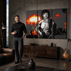 Tablou pictat manual POP Art Rambo 3 piese ram – tablou într-un interior modern masculin, vizualizare lifestyle. Culori dominante: negru, portocaliu, alb, roșu, gri.